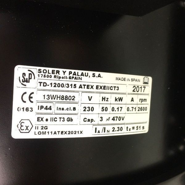 Вентилятор Soler&Palau TD-1200/315 ATEX EXEIICT3 5211996900 фото