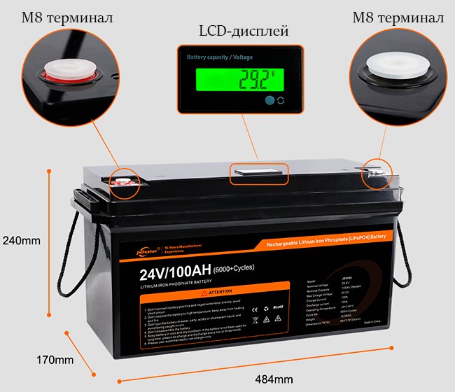 Габаритные размеры LiFePO4 24V 100AH Jsdsolar