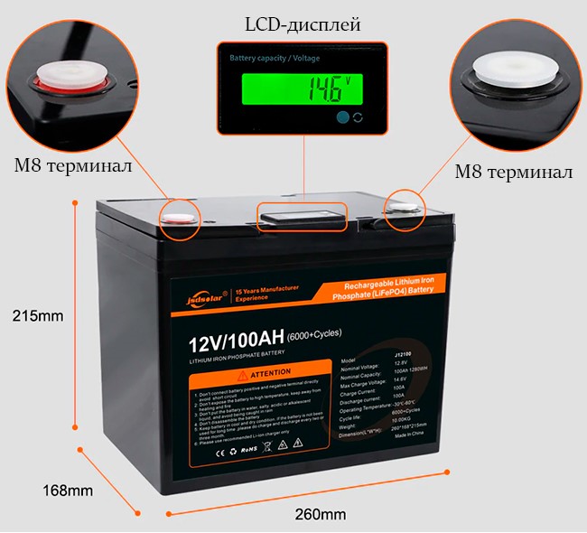 Габаритные размеры LiFePO4 12V 100AH Jsdsolar