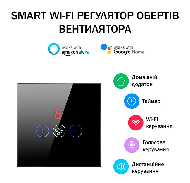 WI-FI Смарт-перемикач обертів вентилятора чорний