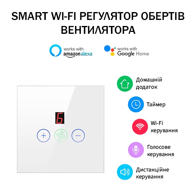 WI-FI Смарт-перемикач обертів вентилятора білий