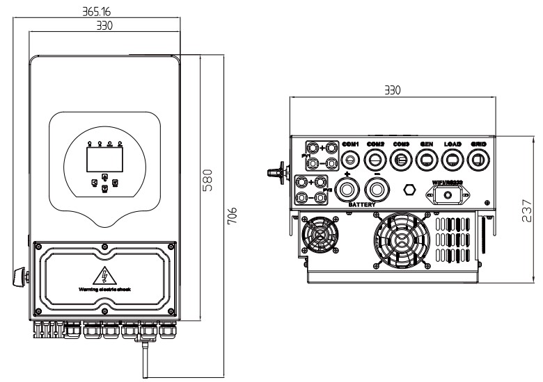 Габаритні розміри Deye SUN-6k-SG05LP1-EU 6 KW/48 V