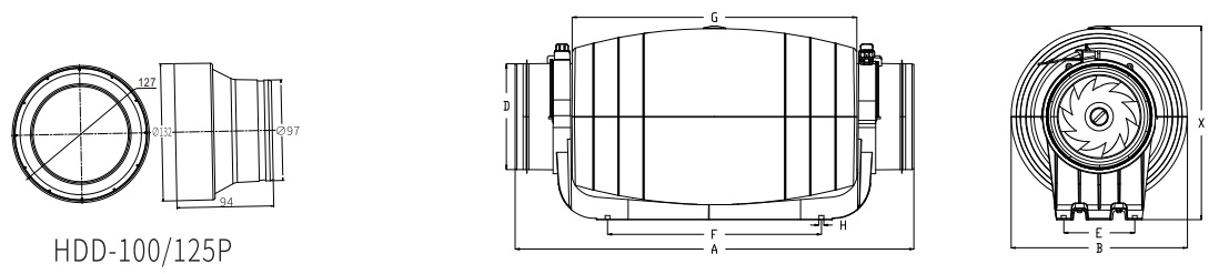 Габаритні розміри вентилятора Hon&Guan HDD-P