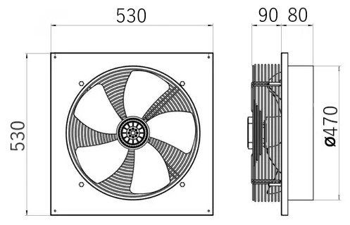 Габаритні розміри вентилятора Турбовент ОВН 450В з фланцем