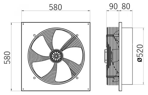 Габаритні розміри вентилятора Турбовент ОВН 500В з фланцем