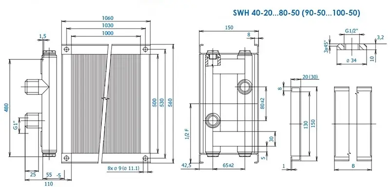 Габаритные размеры нагревателя Aerostar SWH 100-50/2R Размеры Aerostar SWH 100-50/2R